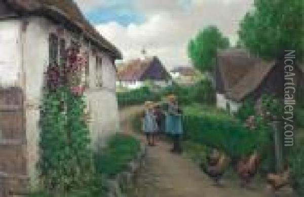 Country Street With Playing Girls And Hens. Signed H. A. Brendekilde Oil Painting - Hans Anderson Brendekilde