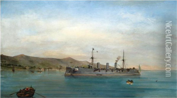 S.m.s. Kaiserin Augusta, Phaleron Bay 1897 Oil Painting - Constantinos Volanakis