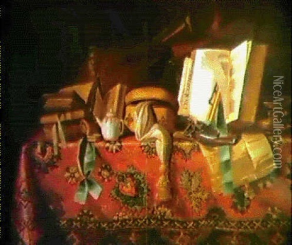 Stilleben Mit Folianten, Musikinstrumenten Und Einer        Goldgefassten Teekanne Aus Porzellan Oil Painting - Pieter Gerritsz van Roestraten