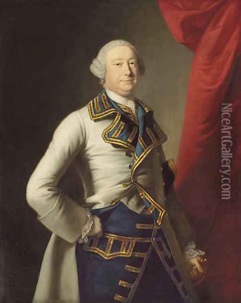 Portrait of John Rolle Walter, three-quarter-length, in a blue-lined coat with gold trimming and a blue and gold waistcoat, beside a curtain Oil Painting - Thomas Hudson