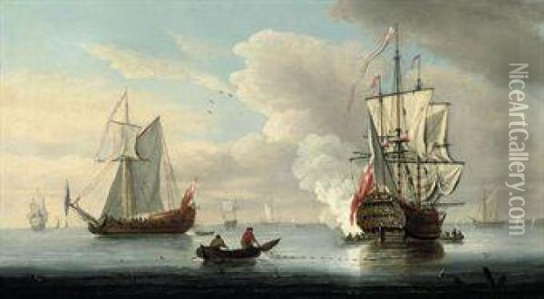 A Flagship Firing A Salute To Signal The Arrival Of The Fleet At The Anchorage Oil Painting - Francis Swaine