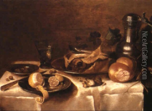 Still Life Of A Pie, Lemons, And Other Food And Dishes On A Draped Table Oil Painting - Cornelis Cruys