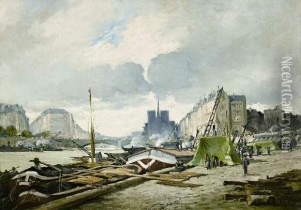 La Seine, Quai Henri Iv A Paris Oil Painting - Eugene Galien-Laloue