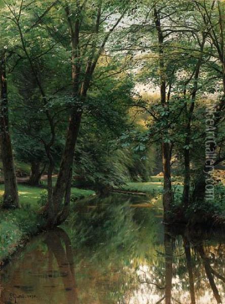 Figures Resting In A River Landscape Oil Painting - Peder Mork Monsted