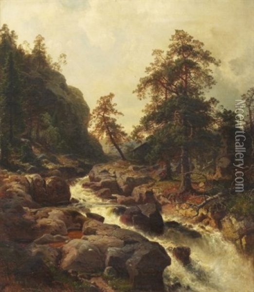 Skogslandskap Med Brusande Fors Och Vilande Gosse Oil Painting - Edward (Johan-Edvard) Bergh