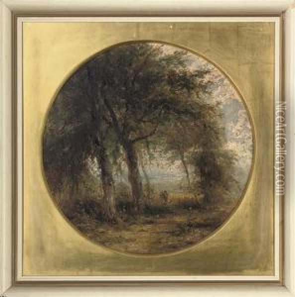 Figures In A Wooded Landscape Oil Painting - Robert Burrows