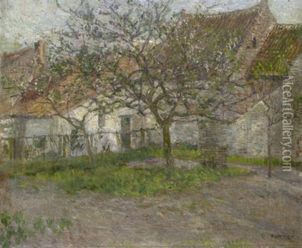 Dicht Gedrangte Bauernhauser In Petzow Mit Vorgarten Und Baum Oil Painting - Emil Pottner