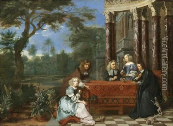 A Family Seated At A Table In An Elegant Garden Exterior Oil Painting - Gonzales Coques
