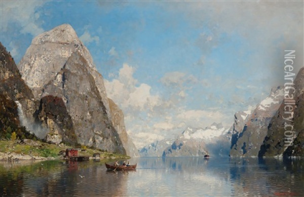 View Of A Fjord Oil Painting - Georg Anton Rasmussen