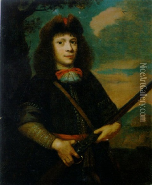 Portrait Of A Young Hunter In A Brown Coat With A Lace Collar And A Fur Hat, Holding A Gun Oil Painting - Reinier De La Haye