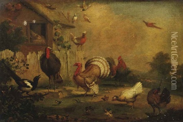 Turkeys, A Cockerel, Hens And Other Fowl And Birds By A Hen-house Oil Painting - Marmaduke Cradock