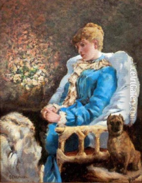 A Quiet Moment - A Lady In Blue And Pug Oil Painting - Gaston La Touche