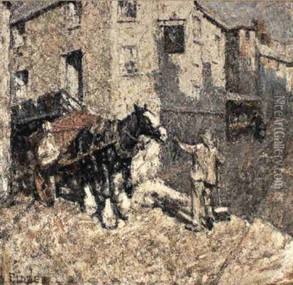 Horse And Cart In A Street Oil Painting - Harry Fidler