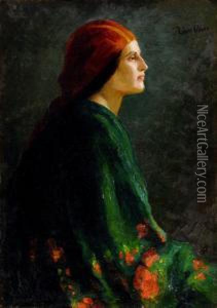Portret Zeny V Cervenej Satke Zprofilu Oil Painting - Lajos Deak Ebner