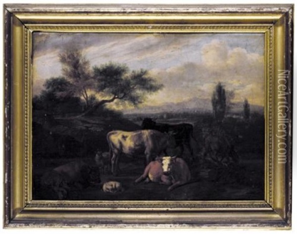 Cattle And Sheep In An Italian Landscape Oil Painting - Franz Edmund Weirotter