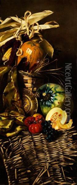 Stilleben Mit Kurbissen, Melone, Traubenund Tomaten Sowie Maiskolben, Dazwischen Ein Messingteller Oil Painting - Margarethe Hormuth-Kallmorgen