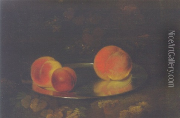 Peaches And A Plum On A Silver Dish Oil Painting - George Smith of Chichester