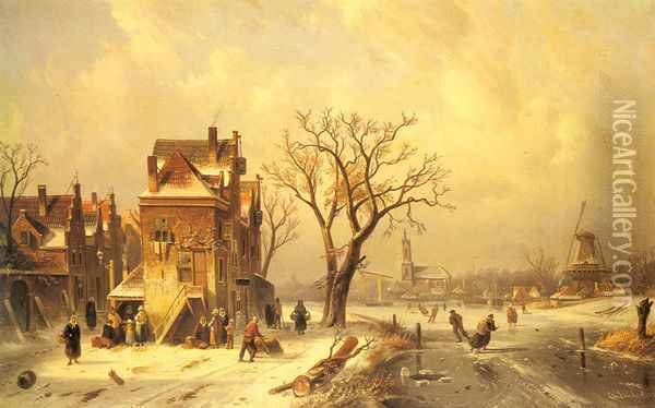 Skaters in a Frozen Winter Landscape Oil Painting - Charles Henri Joseph Leickert