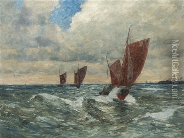 Boats At The North Sea Oil Painting - Andreas Dirks