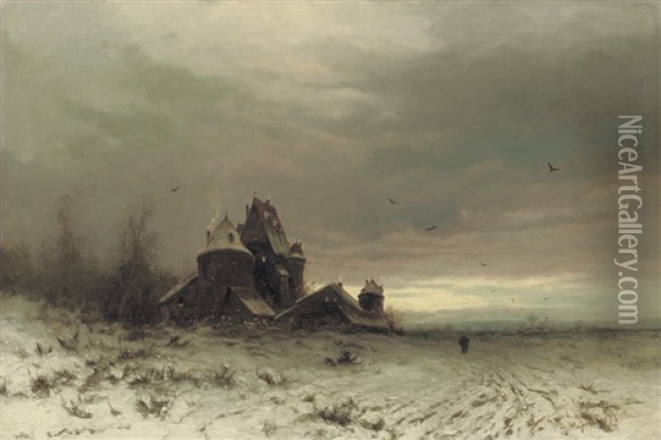 A Castle In A Winter Landscape Oil Painting - Friedrich Josef Nicolai Heydendahl