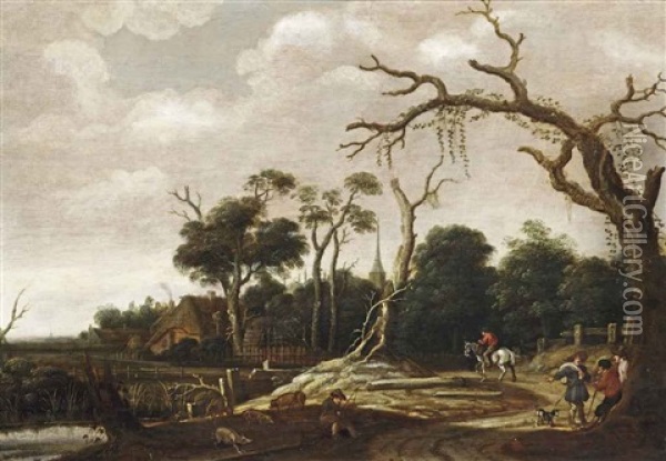 A Wooded Landscape With Travellers On A Road, A Swineherd Near The River Bank And A Village Beyond Oil Painting - Joachim Govertsz Camphuysen