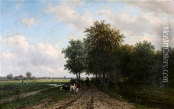 Boer Met Koeien Op Een Pad Langs Een Rivier Oil Painting - Willem Vester