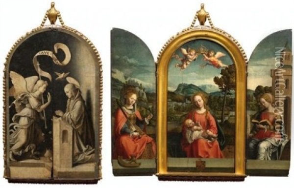 Vierge A L'enfant Couronnee Par Deux Anges (triptych) Oil Painting - Jacob Cornelisz Van Oostsanen