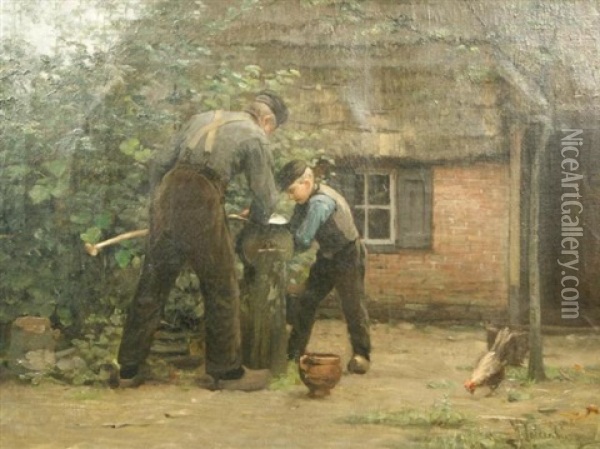 Farmhouse With People Sharpening The Hand Tools Oil Painting - Hendrik Valkenburg