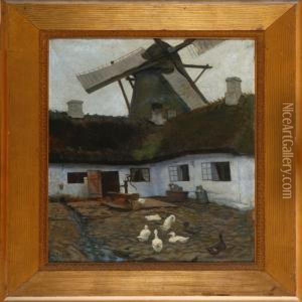 A Farm With Windmill Oil Painting - Ludvig Find