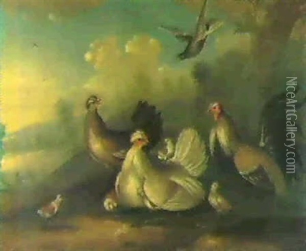 Two Cockerels, A Hen And Otherfowl In A Landscape Oil Painting - Marmaduke Cradock