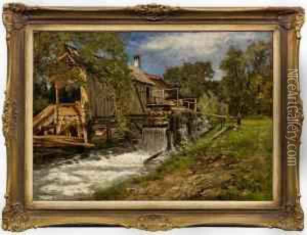 Sommerlandschaft Mitalter Wassermuhle Am Bach Oil Painting - Henry Raschen