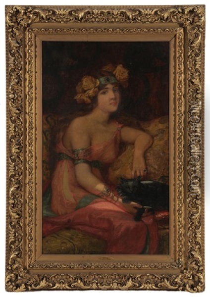 Woman With Jeweled And Rose Bloom Headdress, Wearing A Silk Dress, Seated On A Sofa And Holding A Black Cat Oil Painting - James Hagaman