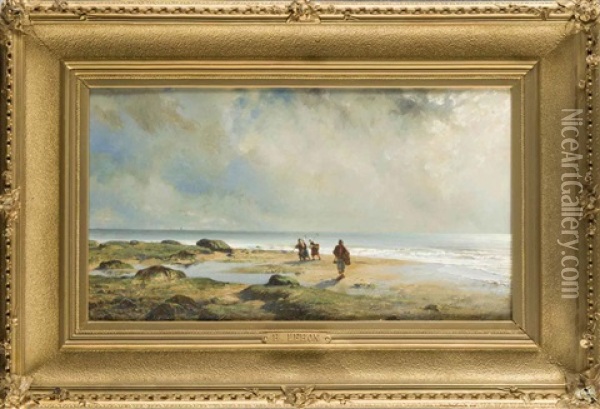 Stimmungsvolle Strandpartie Mit Krebs- Und Muschelsammlern Oil Painting - Henri Lehon