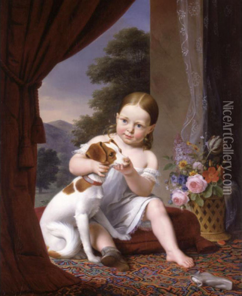 A Young Girl Seated With Her Dog, A Vase Of Flowers Next To Her And A Landscape Beyond Oil Painting - Antoine Chazal