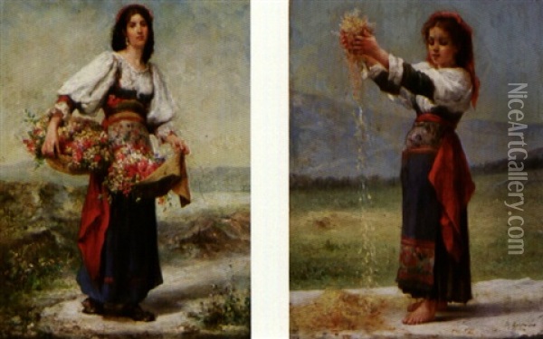 Jeune Paysanne Italienne Aux Paniers De Fleurs (+ Jeune Paysanne Italienne Vannant Le Ble; 2 Works) Oil Painting - Charles Baptiste Schreiber
