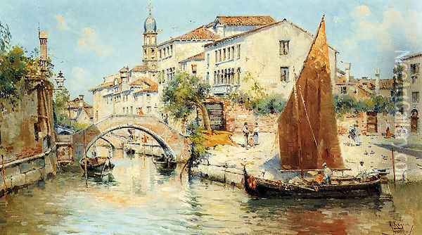 Venetian Canal Scene - Pic 2 Oil Painting - Antonio Maria de Reyna