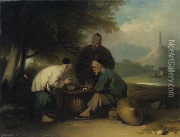Chinese Gaming At A Table, A Pagoda On A Hill Beyond Oil Painting - George Chinnery