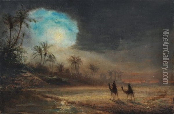Afrikanische Fluslandschaft Mit Kamelreitern Im Mondschein Oil Painting - Fritz Klingelhoefer