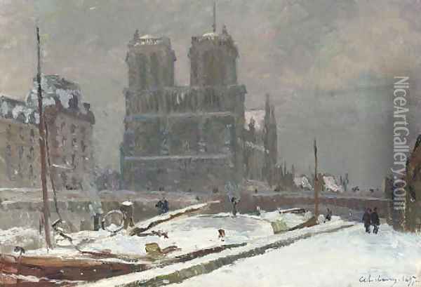 Notre-Dame de Paris, vue prise du quai Saint-Michel, en hiver, par temps de neige Oil Painting - Albert Lebourg