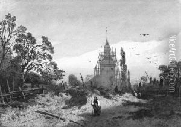 Landschaft Mit Eingerusteter Kirche, Im Vordergrund Staffage Oil Painting - Charles Hoguet