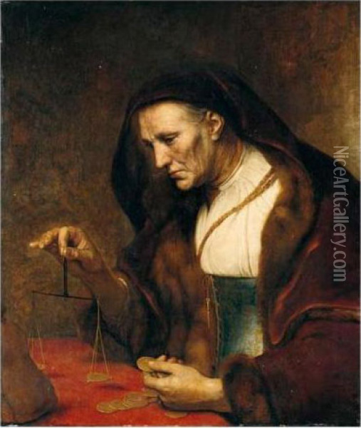 An Old Woman Weighing Gold Coins Oil Painting - Rembrandt Van Rijn