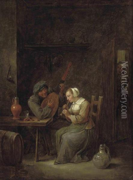 Two Figures Playing Music In A Rustic Interior Oil Painting - David The Younger Teniers