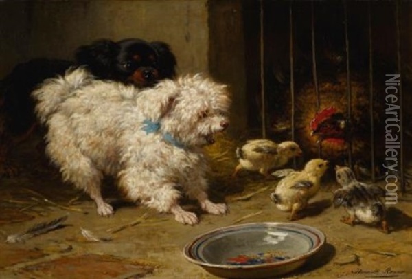 A Bichon Frise And A King Charles Spaniel With A Hen And Her Chicks Oil Painting - Henriette Ronner-Knip
