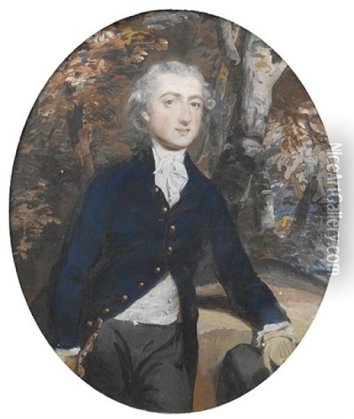 Portrait Of Mr. Bradley In A Blue Coat, Standing Before A Landscape Oil Painting - Daniel Gardner