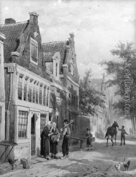 A Streetscene With Villagers Conversing On A Doorstep Oil Painting - Cornelis Springer