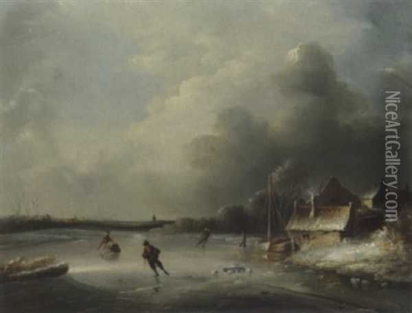 A Frozen Waterway With Figures Skating Oil Painting - Anthony Andreas de Meyer