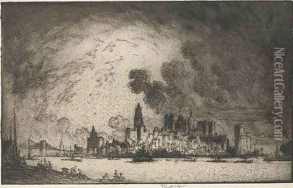 New York, from Brooklyn, 1915 Oil Painting - Joseph Pennell