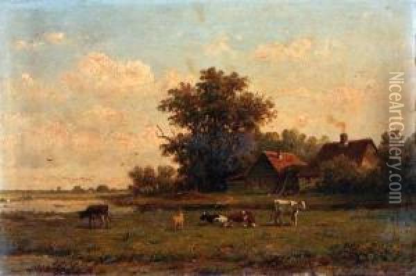 A Peasant Couple Resting In A Sunlit Meadow; Cattle Near Afarm Oil Painting - Anthonie Jacobus Van Wyngaerts