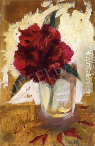 Rose In A Glass Oil Painting - Karoly Kernstok