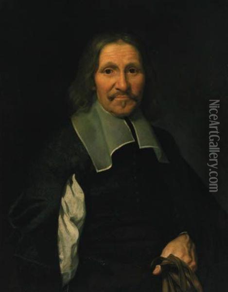 Portrait Of A Gentleman, 
Half-length, In Black Costume With A Lawncollar, Holding A Pair Of 
Gloves Oil Painting - Philippe de Champaigne